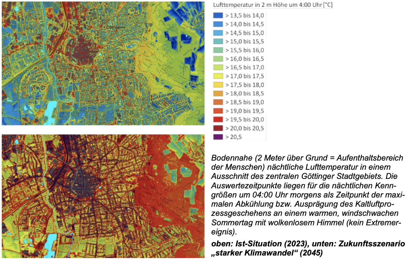 Zwei farbige Temperaturkarten einer Stadt, oben Ist-Situation 2023, unten Zukunftsszenario 2045, Legende rechts
